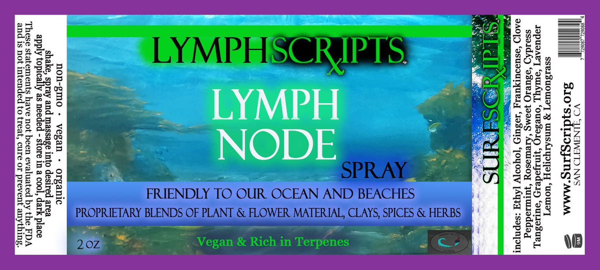 Lymph Scripts Lymph Node Spray label with ocean and beach background