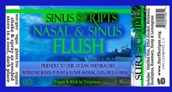 Label for Sinus Scripts Nasal & Sinus Flush Spray with ocean and beach design