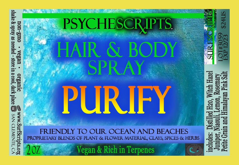Label for Psychescripts Hair & Body Spray Purify on a yellow background
