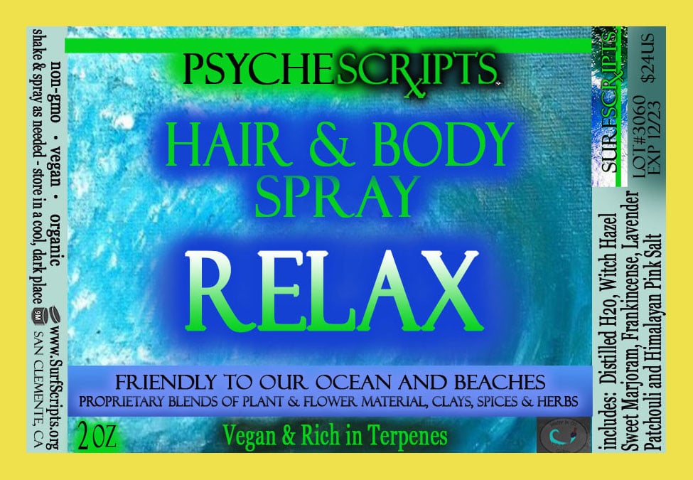 Label for Psychescripts Hair & Body Spray Relax with blue and green design on a yellow background.