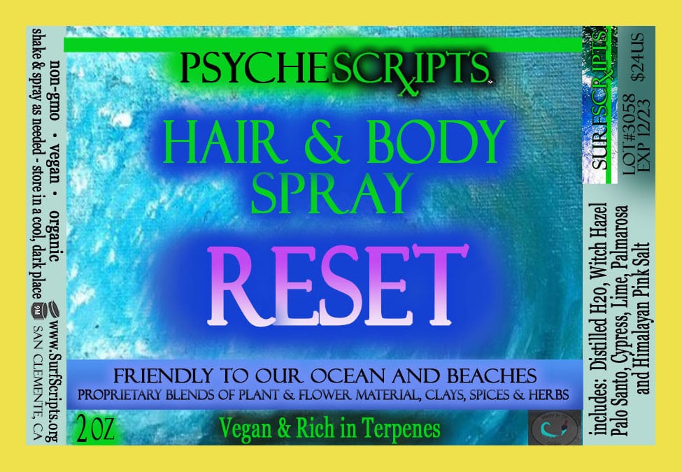 Label for Psychescrpts Hair & Body Spray Reset on a yellow background
