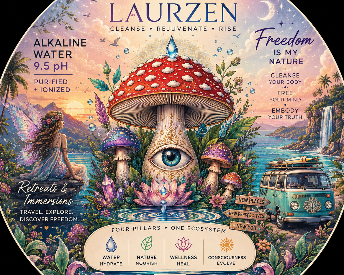 mushrooms, nature elements, and Laurzen branding