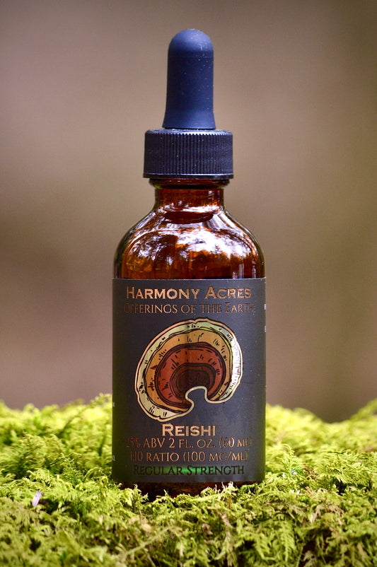 An amber glass dropper bottle labeled Harmony Acres Reishi, placed on bright green moss against a soft blurred brown background.
