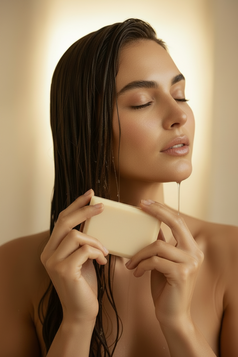 A close-up portrait of a woman with wet, dark brown hair, gently touching it with both hands. Water droplets are visible dripping from her hair and skin, set against a warm, softly lit beige background.