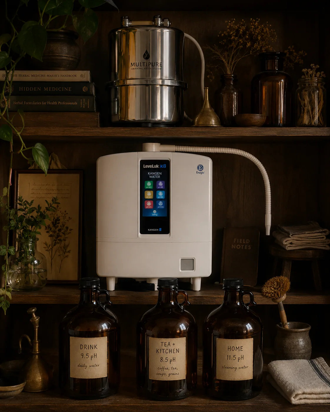 Water systems arranged inside the LaurZen apothecary shelf